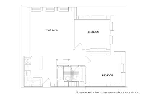 Floor plan for 2 beds, 1 bath, 900 sqft
